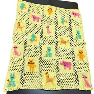 Vintage Hand Crochet Baby Blanket Yellow Animal Motif Squares Nursery Decor‎
